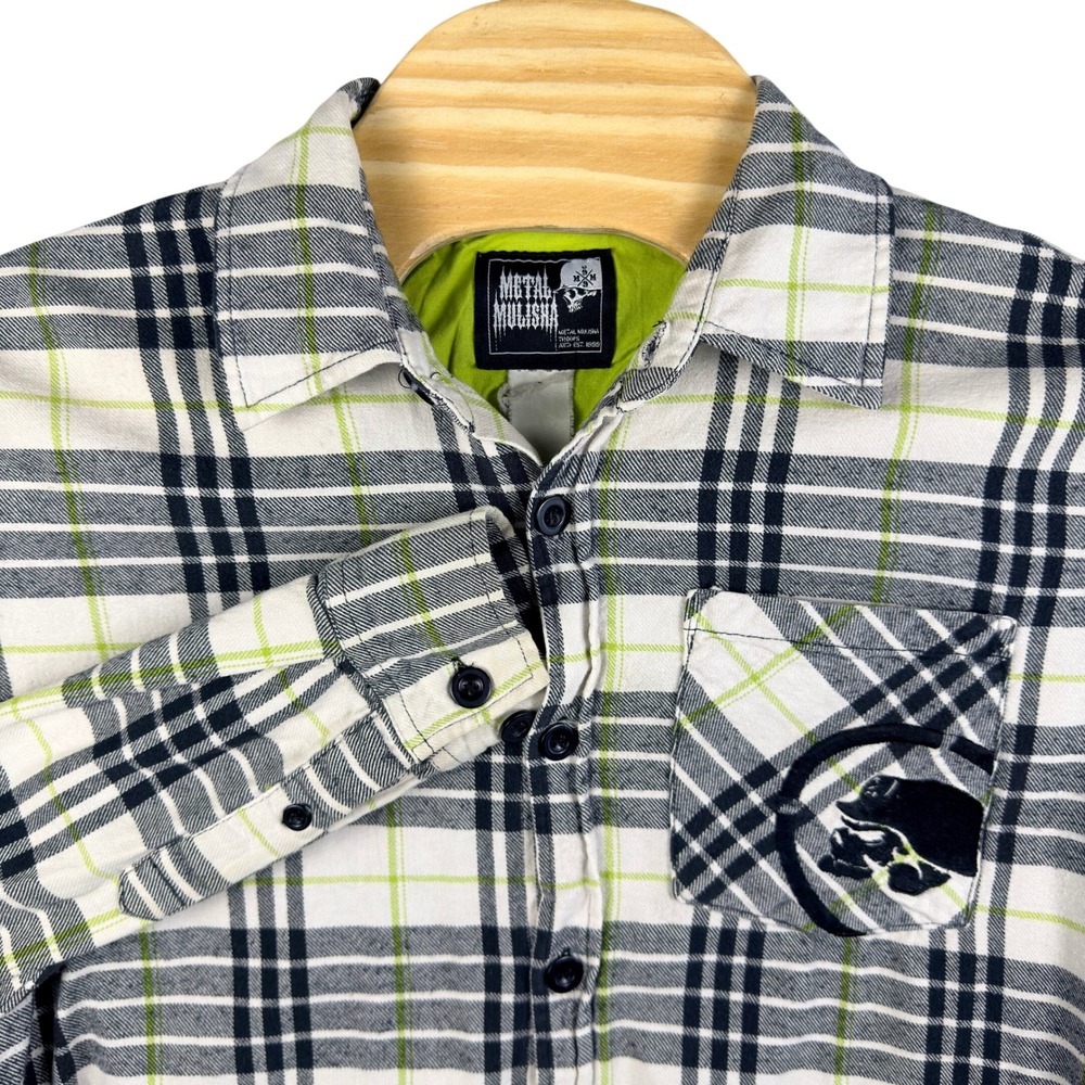 Metal Mulisha Button Down Shirt Mens Medium White Plaid Embroidered Skull Moto